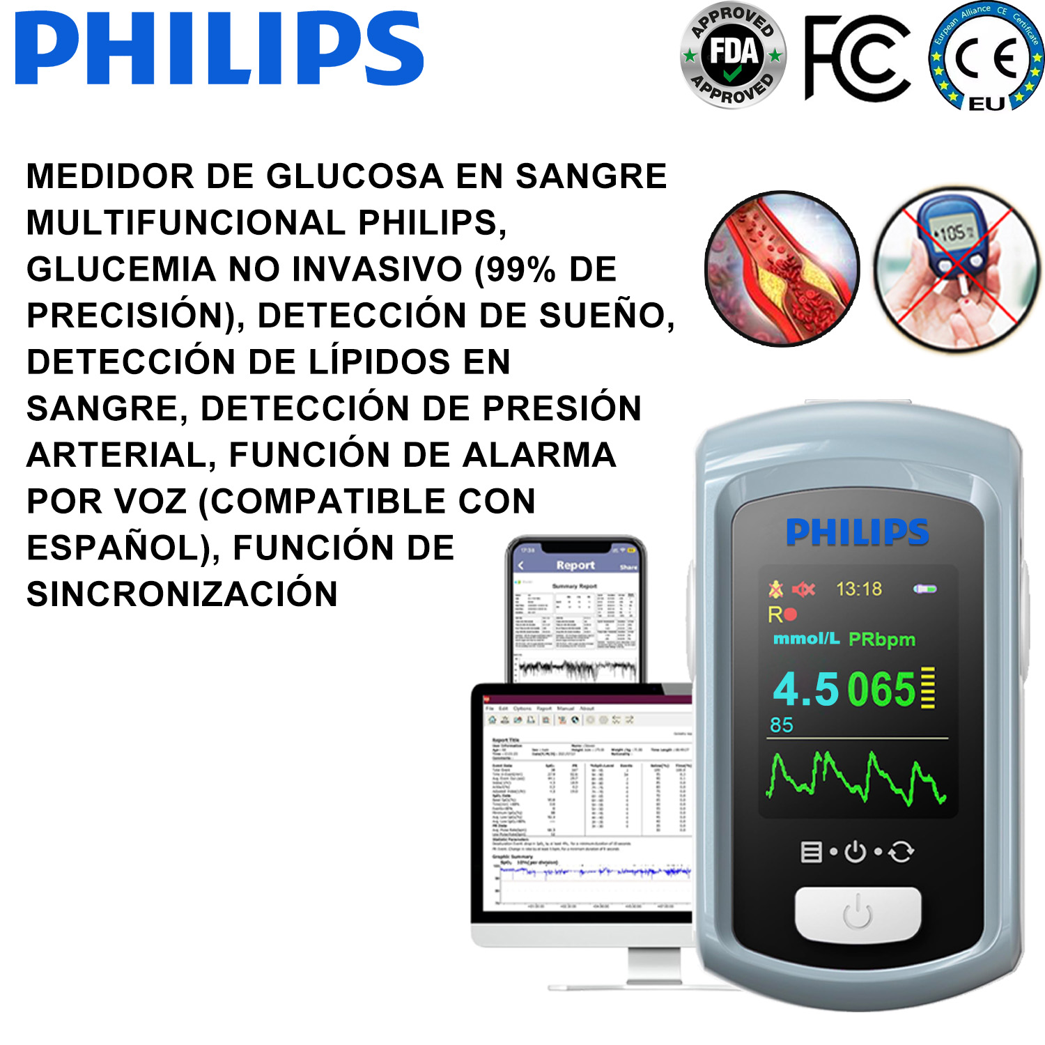 Medidor de glucosa en sangre multifuncional Philips, glucemia no invasivo (99% de precisión), detección de sueño, detección de lípidos en sangre, detección de presión arterial, función de alarma por voz (compatible con español), función de sincronización