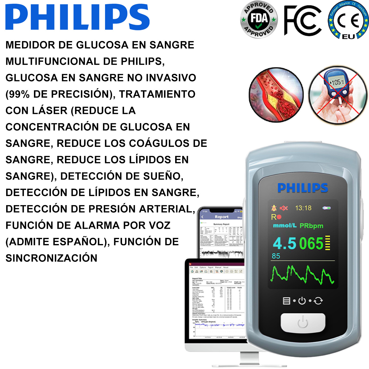 Medidor de glucosa en sangre multifuncional de Philips, glucosa en sangre no invasivo (99% de precisión), tratamiento con láser (reduce la concentración de glucosa en sangre, reduce los coágulos de sangre, reduce los lípidos en sangre), detección de sueño, detección de lípidos en sangre, detección de presión arterial, función de alarma por voz (admite español), función de sincronización