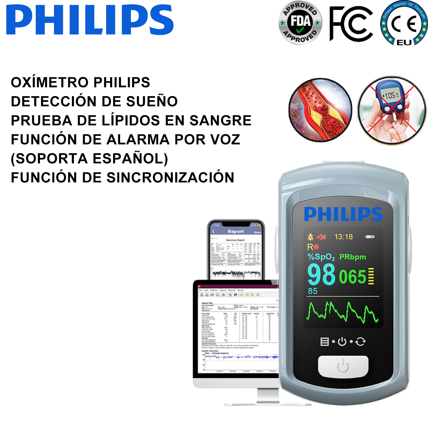 Oxímetro Philips, detección de sueño, detección de lípidos en sangre, función de alarma por voz (soporta español), función de sincronización